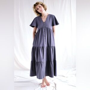 EUC OFFON One Size Cotton Dress Short Sleeve Gray Lagenlook Button Front Midi